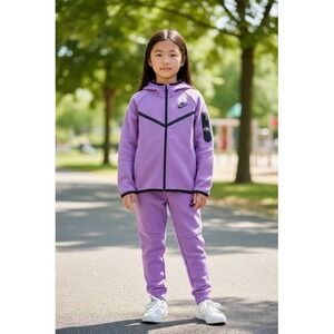 Nike Tech Fleece Kids Tracksuit Set Purple Hoodie and Joggers Full Zip (1Y)